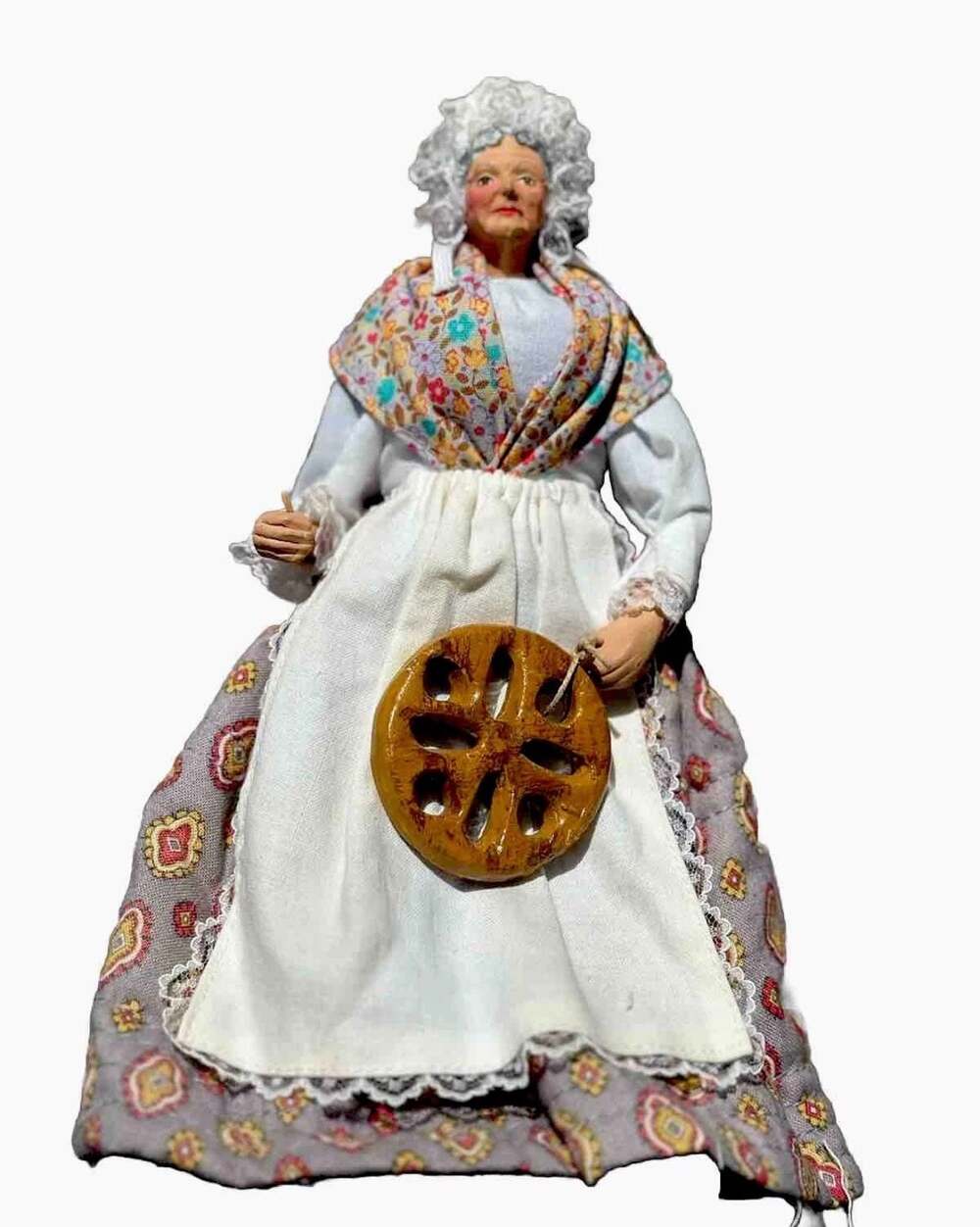 Vintage Santon De Provence Terracotta Doll Old Woman with Bread Holding Loaf Mad
